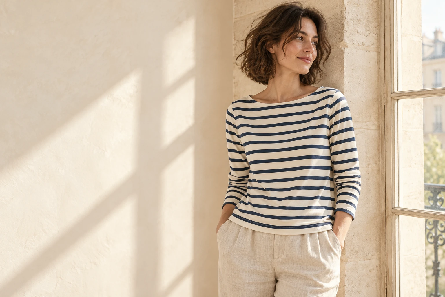 Woman wearing a cream and navy boatneck striped top in a sunlit setting
