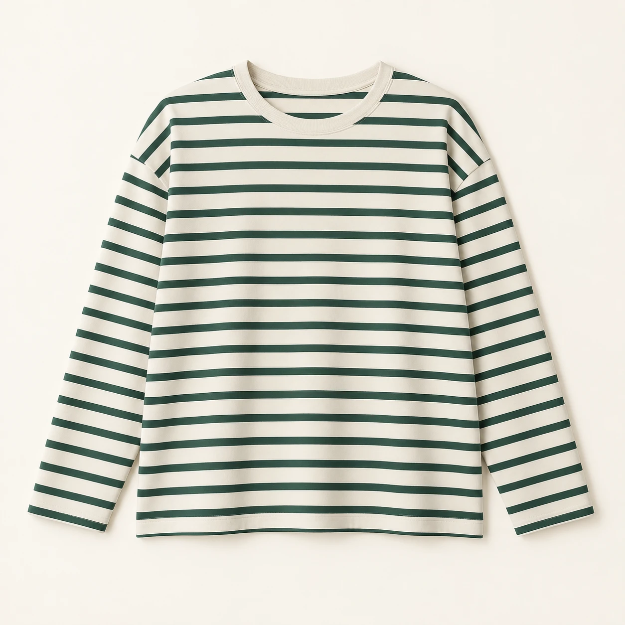 Solène Relaxed Top, Cream / Forest green, Dropped shoulder crew neck